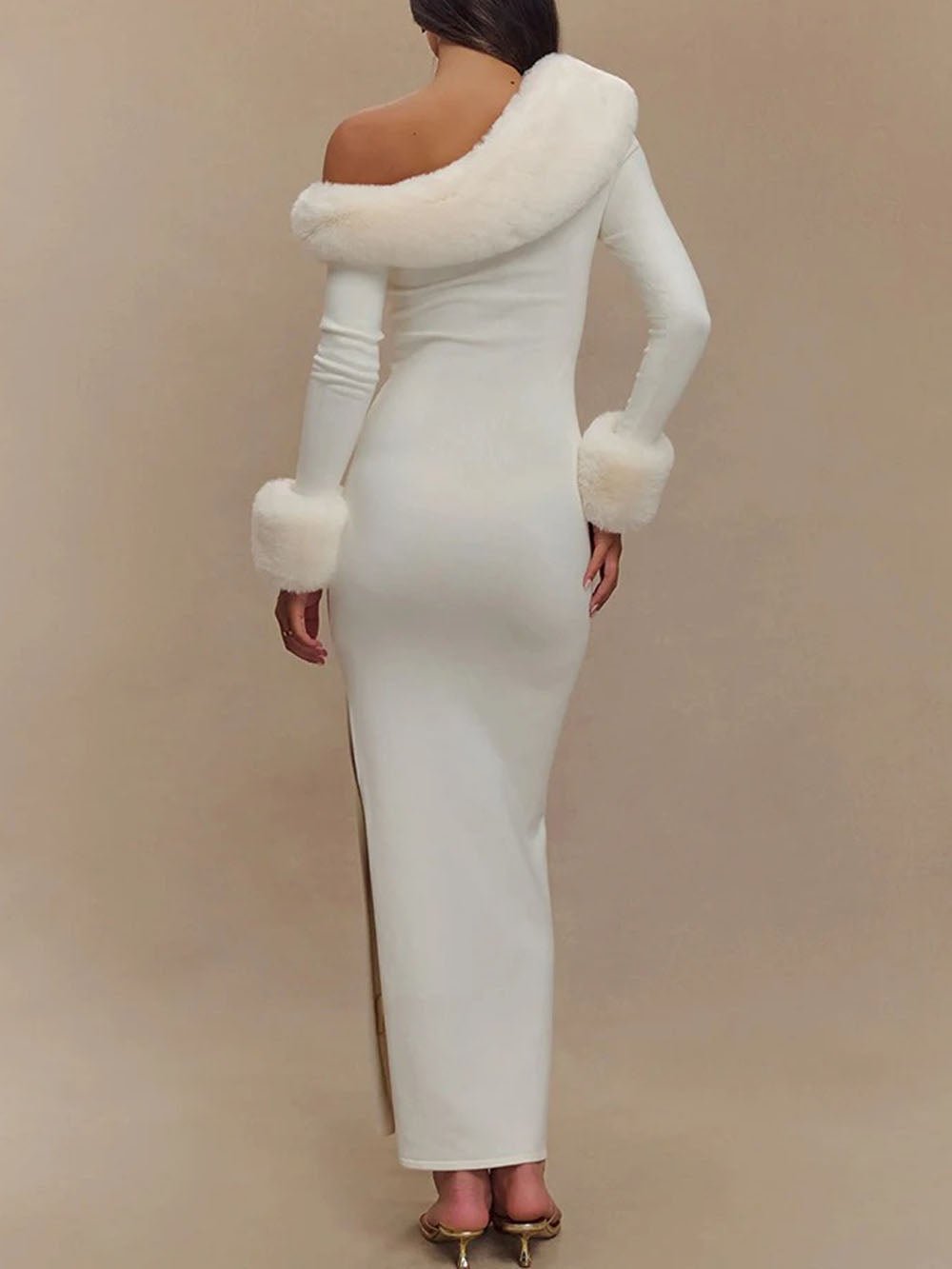 Rib Knit One Shoulder Faux Fur Trim Cuff Bodycon Maxi Gown