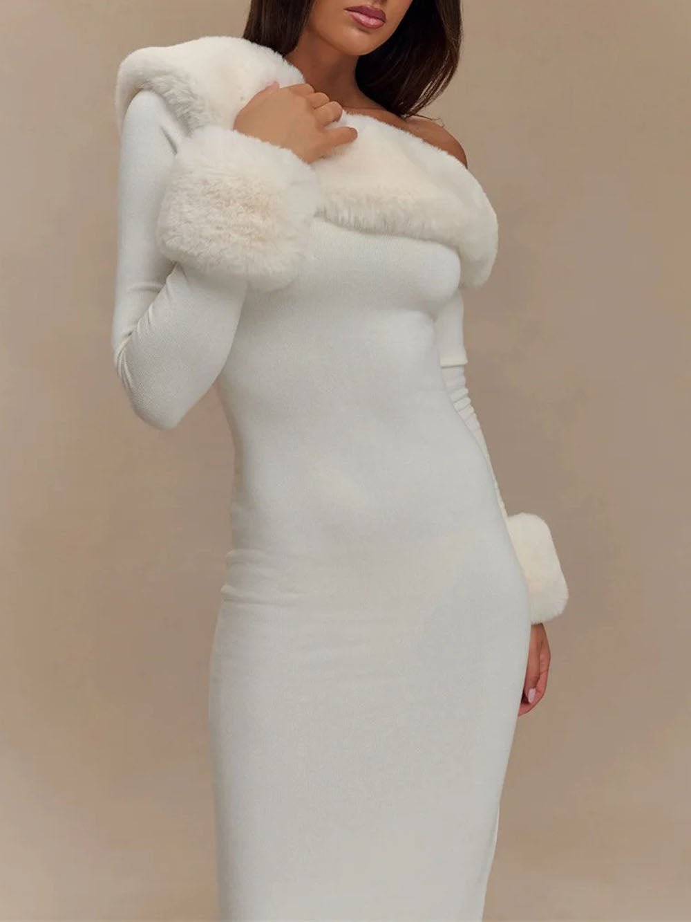 Rib Knit One Shoulder Faux Fur Trim Cuff Bodycon Maxi Gown