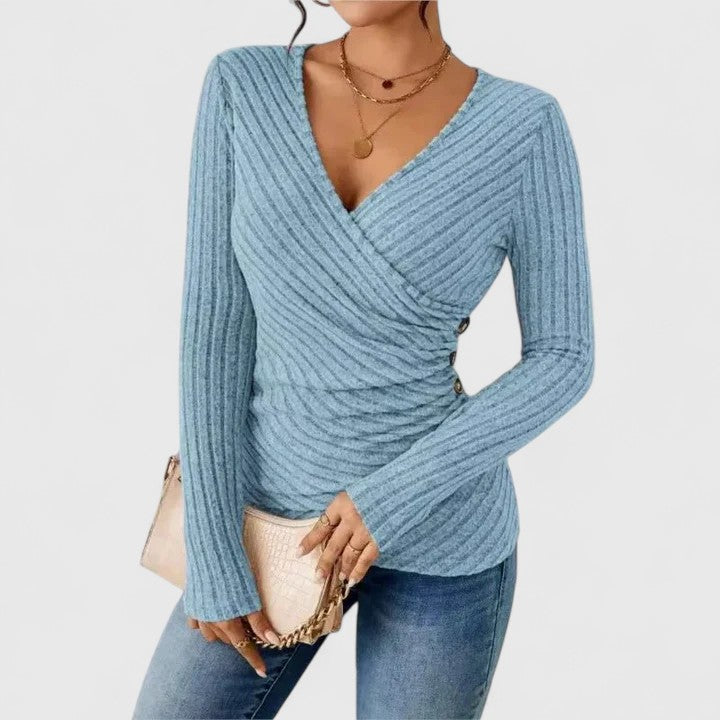 Ribbed Knit Surplice V-Neck Long Sleeve Wrap Top