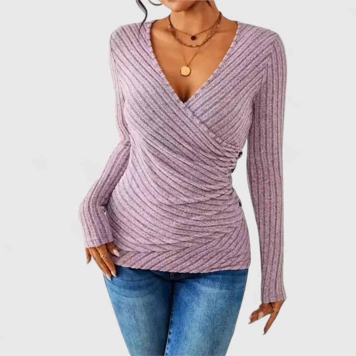 Ribbed Knit Surplice V-Neck Long Sleeve Wrap Top