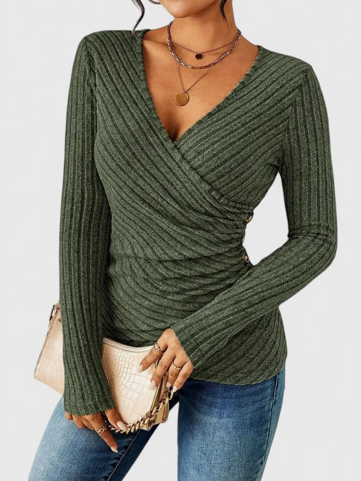 Ribbed Knit Surplice V-Neck Long Sleeve Wrap Top