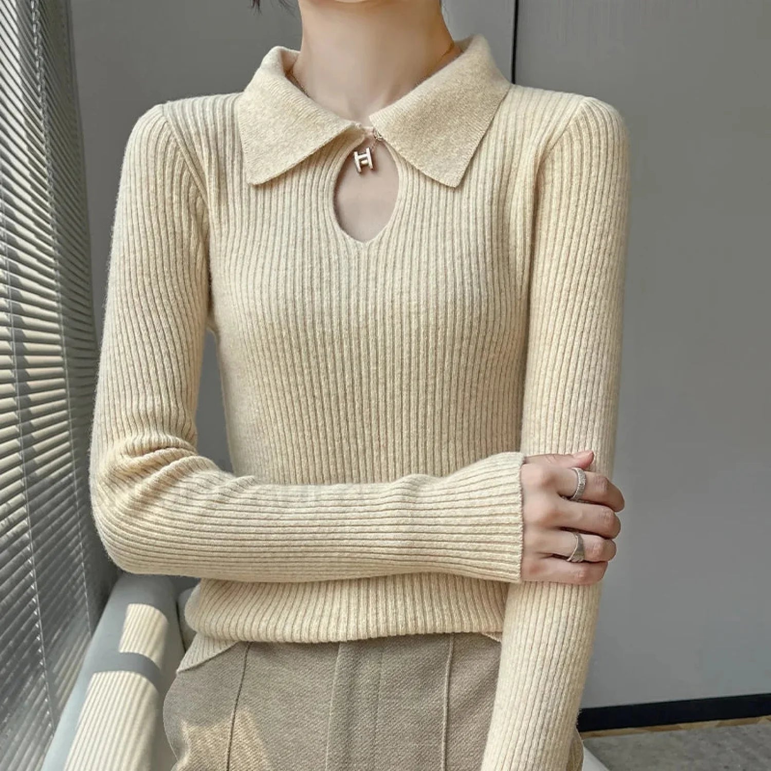 Autumn Winter New Women's Wool Polo Neck Solid Color Thick Slim Cashmere Sweater