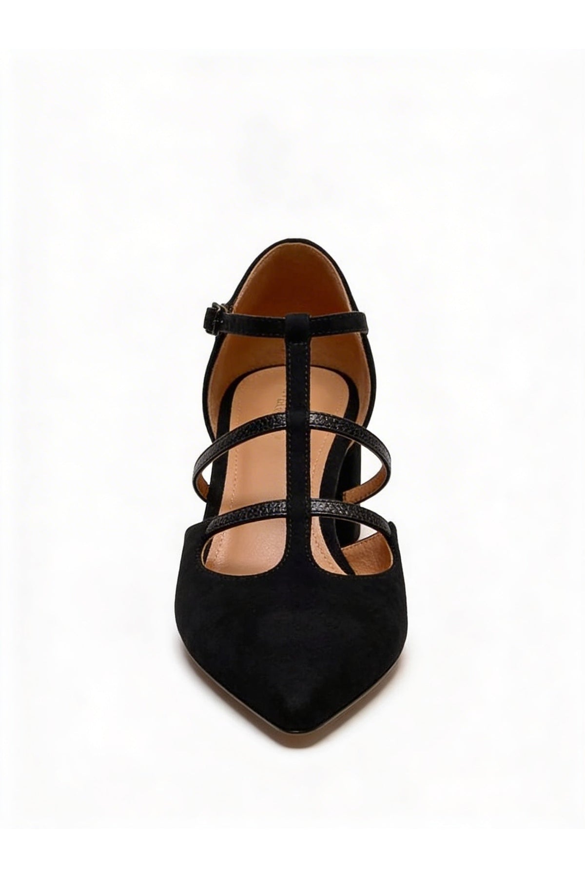 Suede Look Pointed Toe T-Strap Block Heel Pumps
