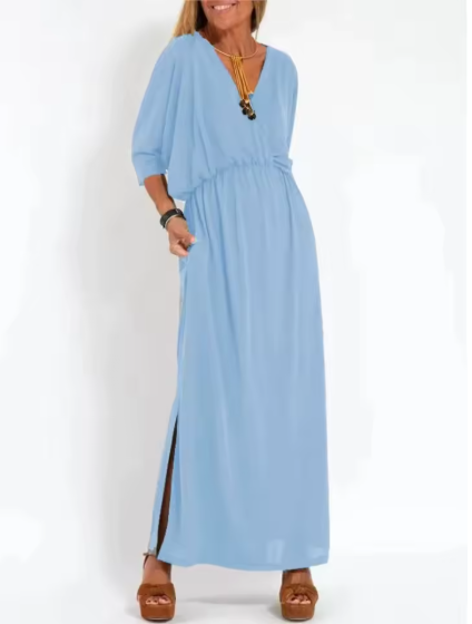 V-Neck Batwing Sleeve Elastic Waist Pocket Maxi Dress