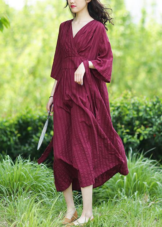 Textured Stripe V-Neck Bell Sleeve Wrap Bodice Maxi Dress