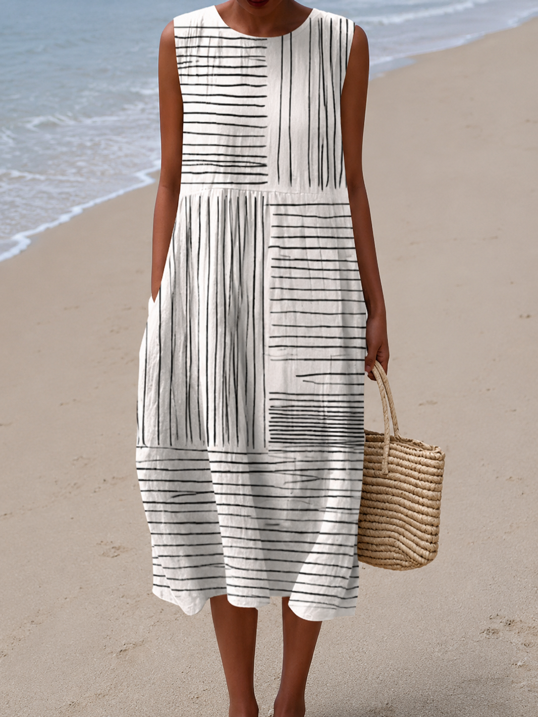 Abstract Stripe Sleeveless Pocket Midi Dress