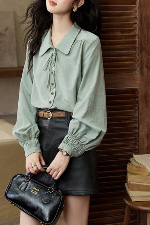 Collared Lace Up Front Long Sleeve Smocked Cuff Button Blouse 3