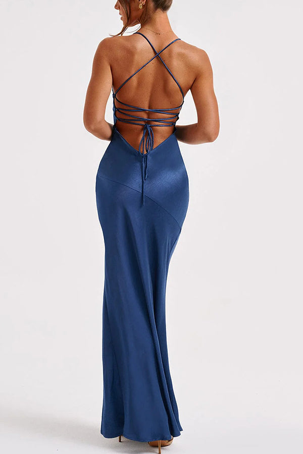 Satin V-Neck Spaghetti Strap High Split Bodycon Maxi Dress 22