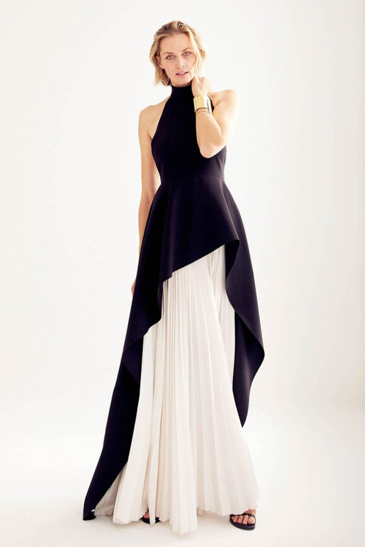 Halter Neck Sleeveless Asymmetric Draped Pleated Maxi Gown