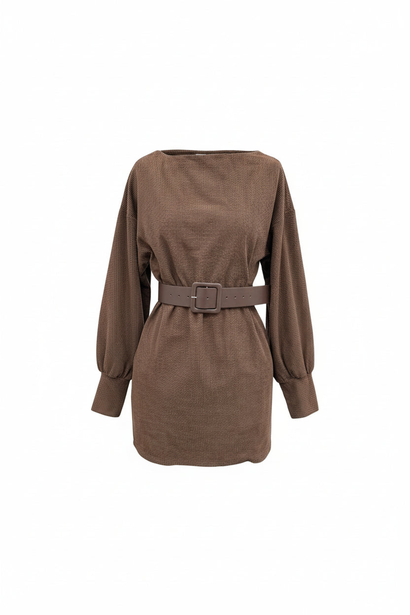Chic Belted Long Sleeve Brown Bodycon Mini Dress