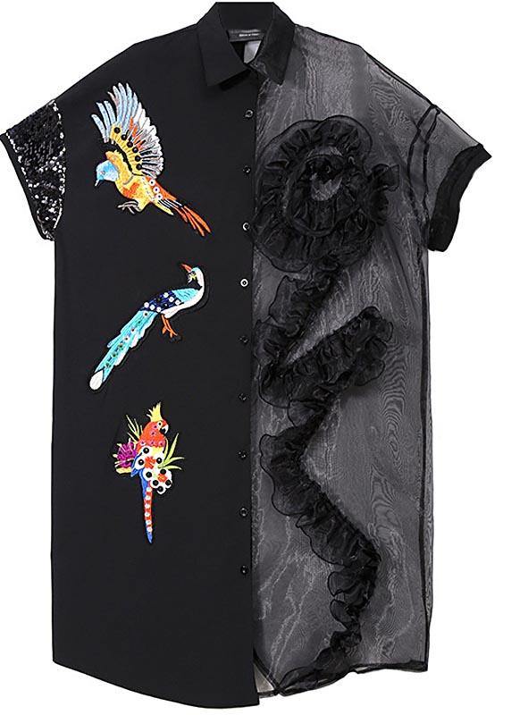 Bird Embroidery Mesh Ruffle Asymmetric Button Front Shirt Midi Dress