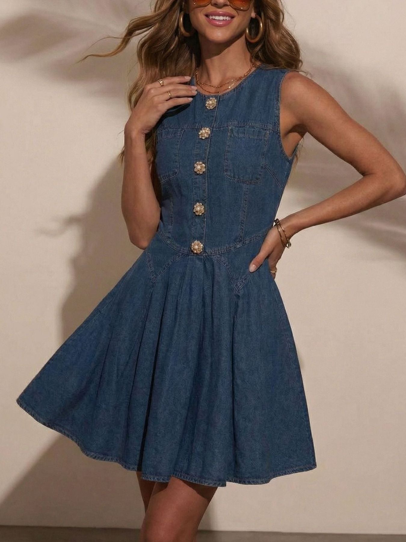 Button Decor Sleeveless Denim Dress Dark Blue