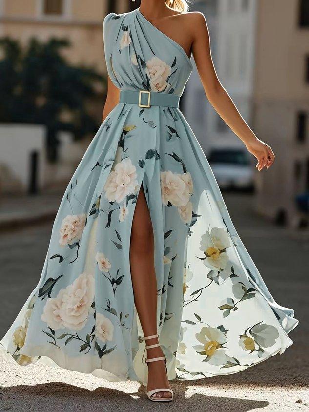 Light Green Floral Ruched One Shoulder A-Line Maxi Chiffon Dress Light Blue