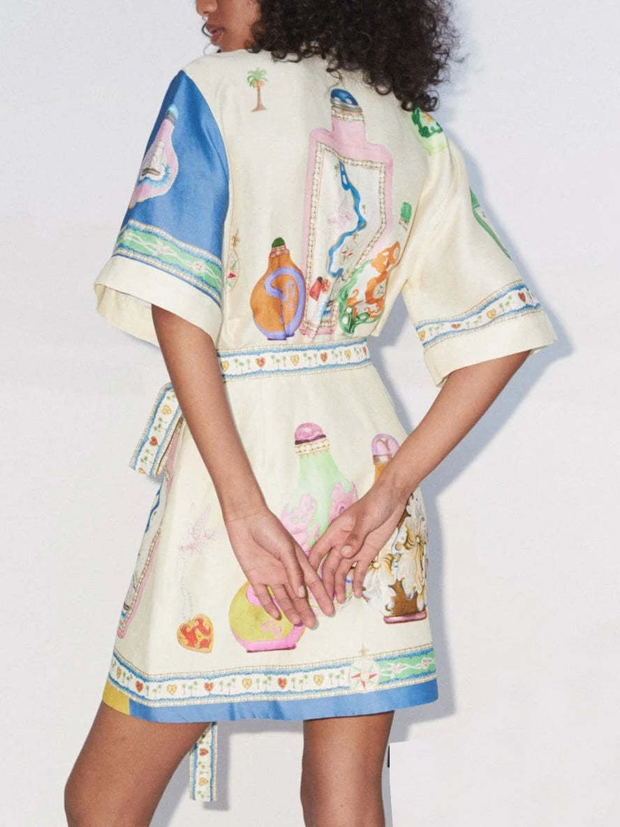 Painterly Print Collared Short Sleeve Belted Button Front Mini Shirt Dress 2