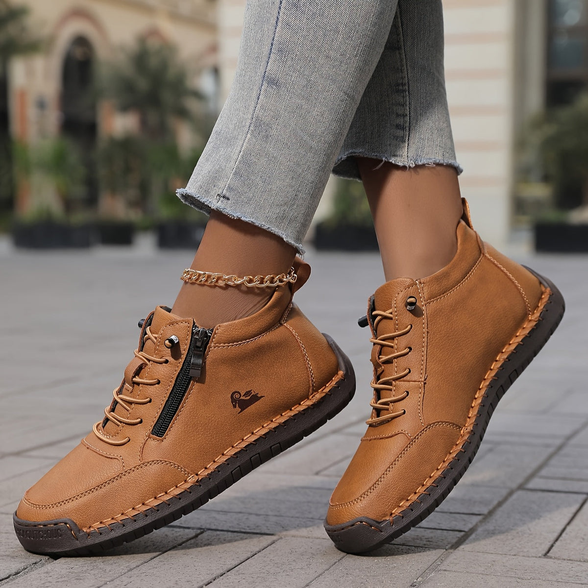 Lace Up Side Zip Stitched Ankle Boots