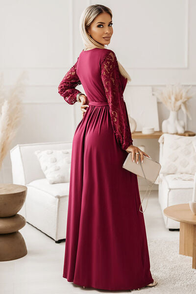 Lace Sleeve Surplice V-Neck Tie Waist Maxi Dress 2