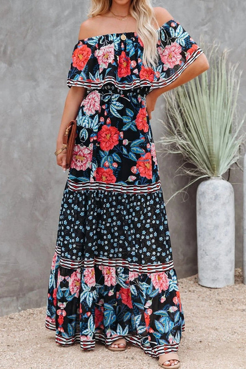 Floral Print Off Shoulder Ruffle Tiered Maxi Dress