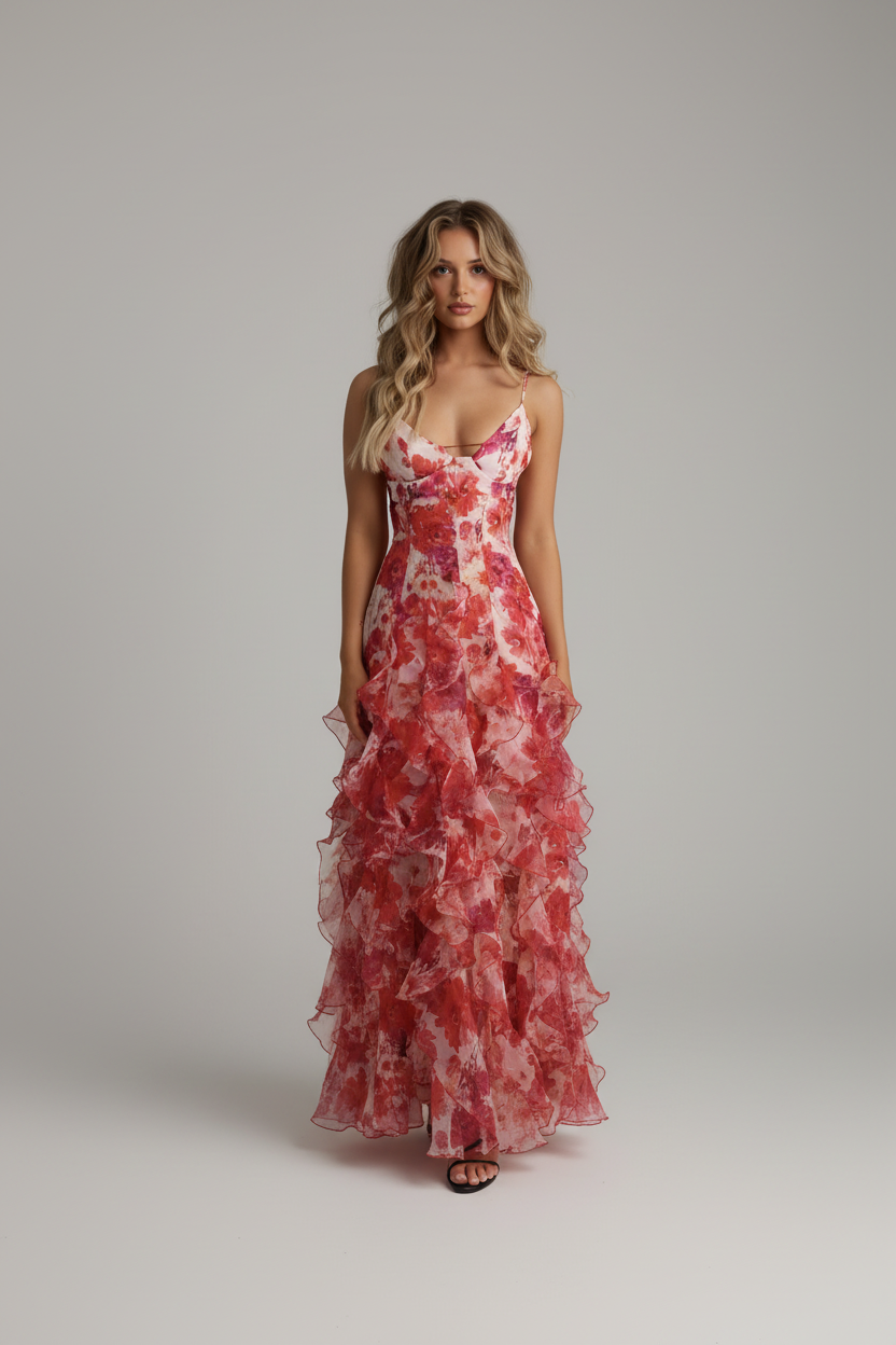 Floral Spaghetti Strap Ruffle Maxi Dress Prom