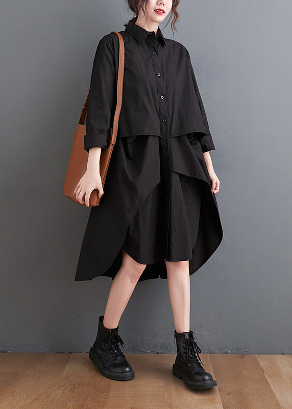 Button Front Long Sleeve Oversized Asymmetric High Low Shirt Dress