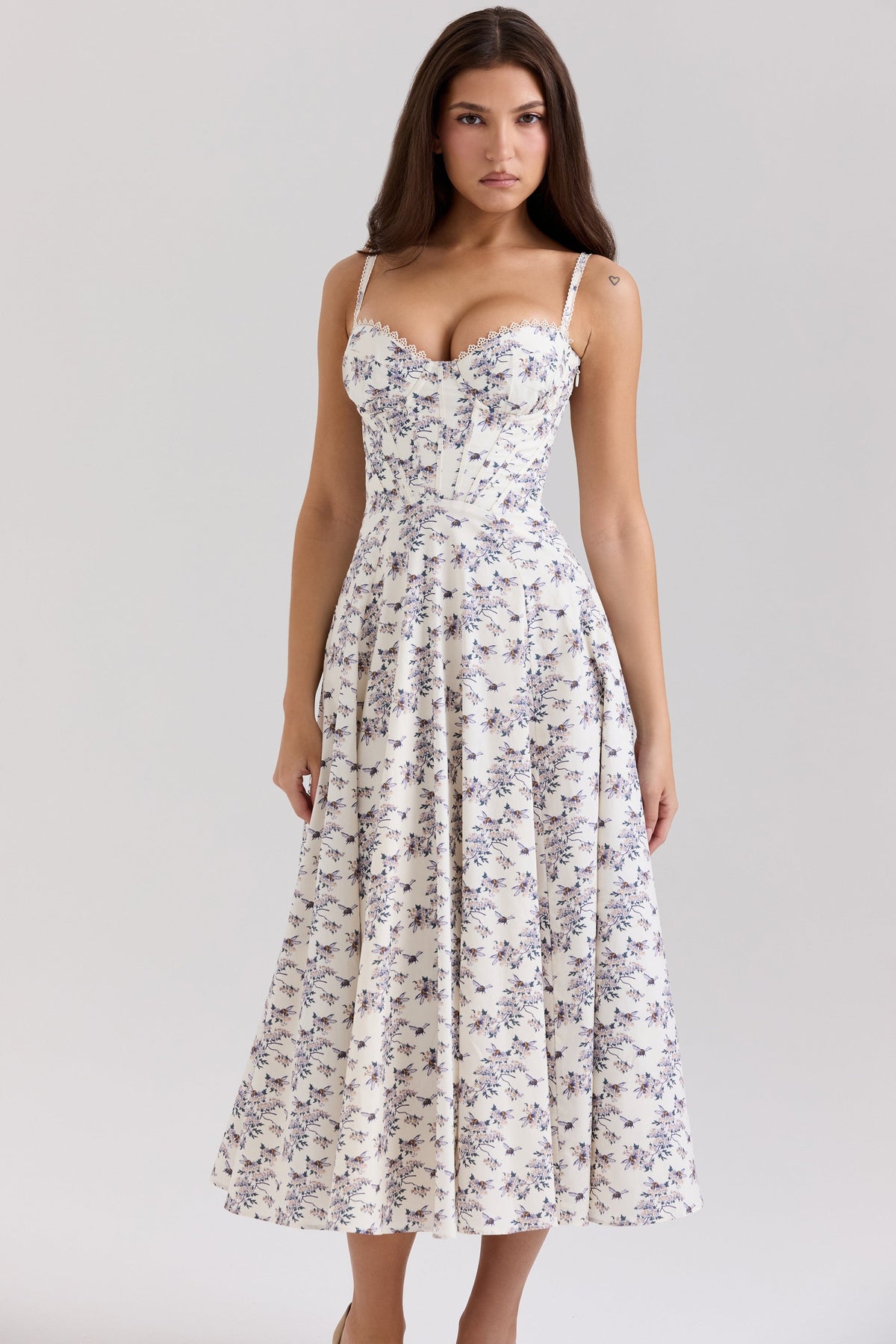 Floral Print Lace Trim Sweetheart Corset Bodice A-Line Midi Dress