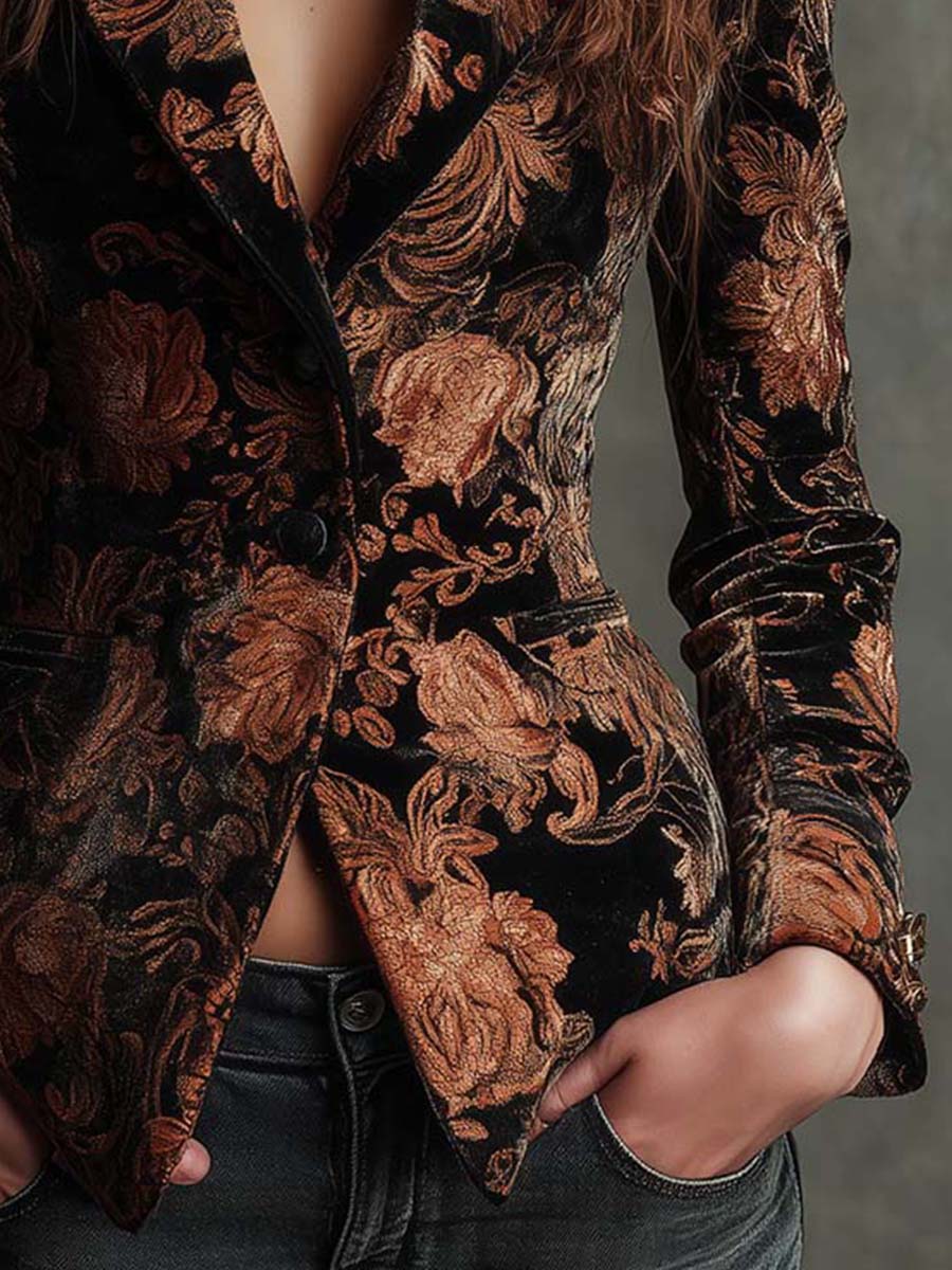 Floral Brocade Velvet Single Button Blazer
