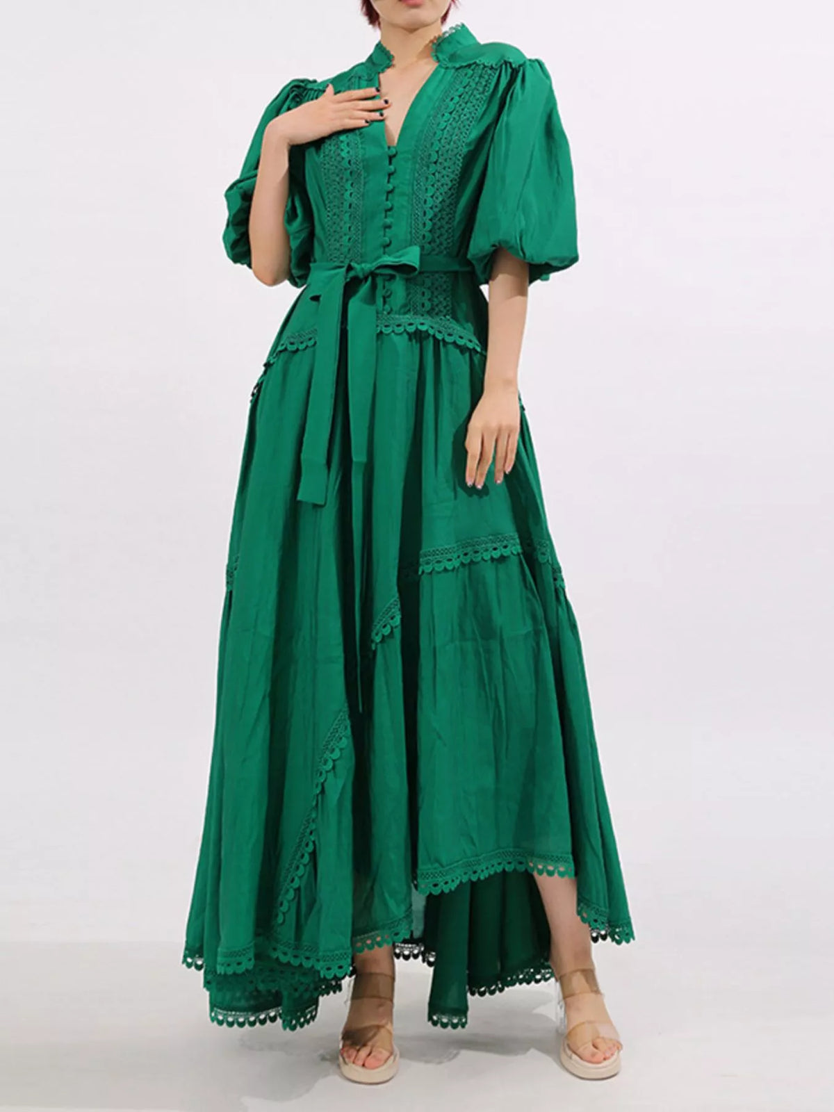 Crochet Lace Trim Notched Neck Puff Sleeve Tie Waist Tiered Maxi Dress 6