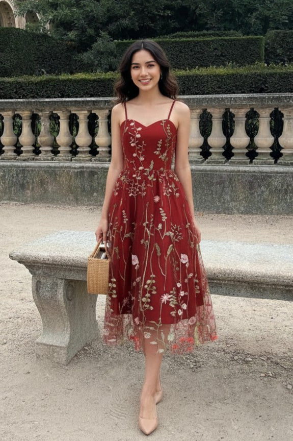 Floral Embroidered Tulle Sweetheart Spaghetti Strap Fit and Flare Midi Dress