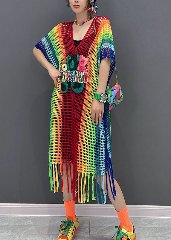 V-Neck Crochet Mesh Oversized Fringe Hem Mini Dress