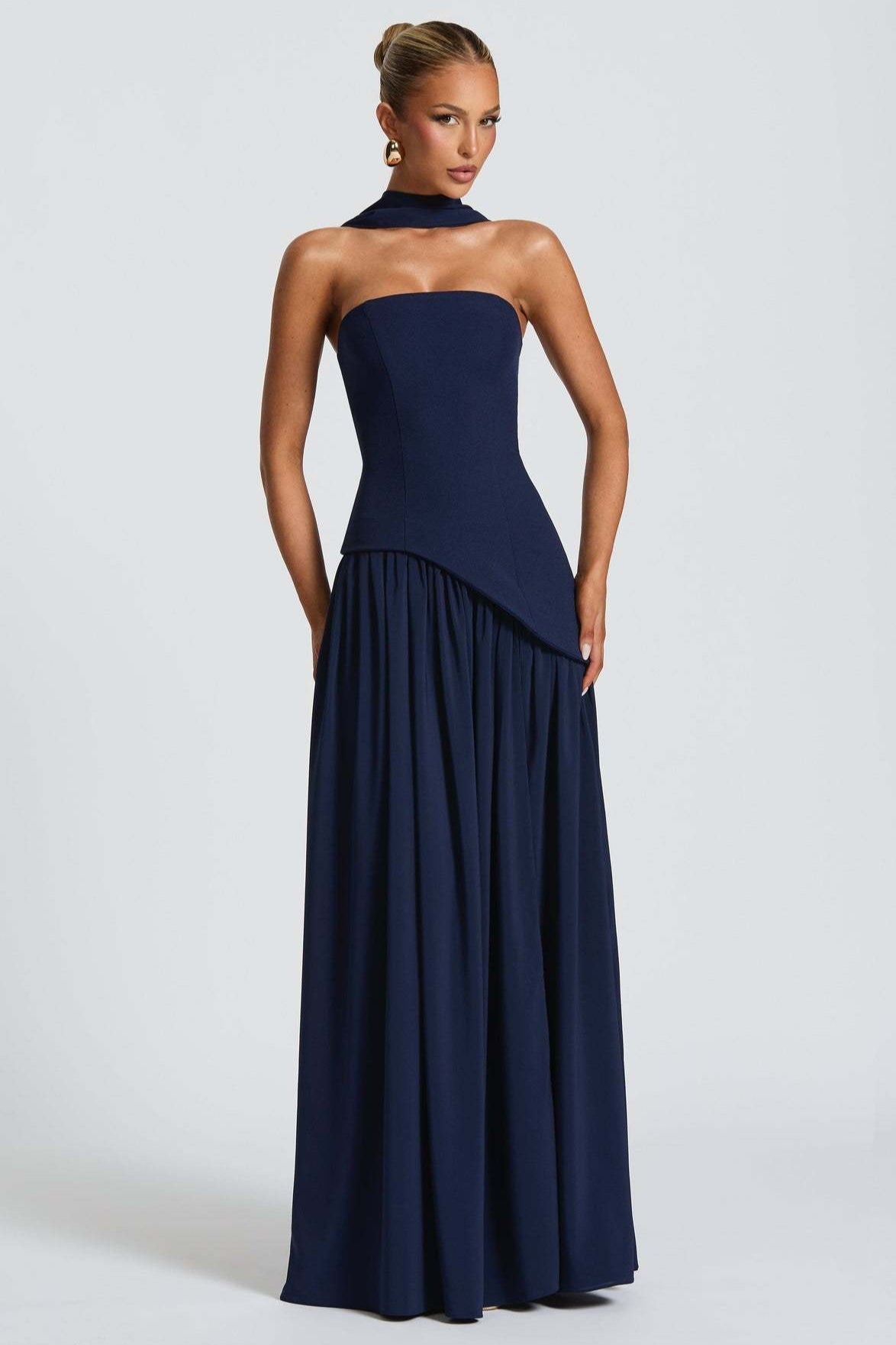 Strapless Scarf Neck High Split Draped Maxi Gown