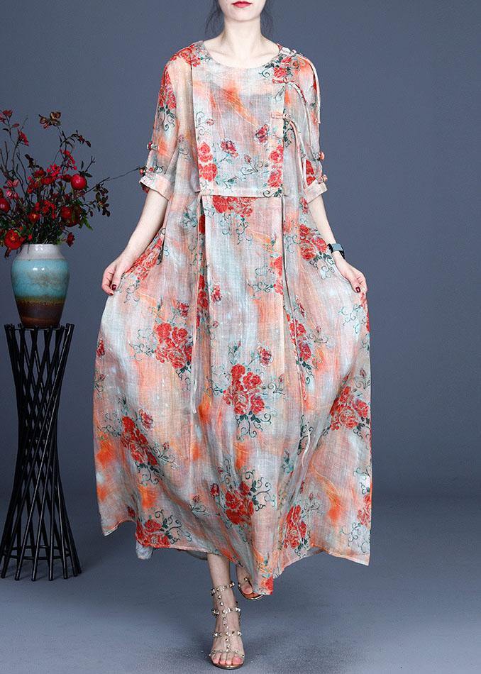 Floral Print Frog Closure Chest Panel Half Sleeve Oversized Linen Blend Maxi Dress