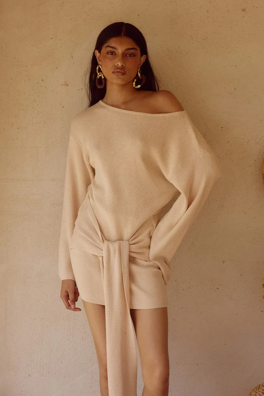 Waffle Knit Off Shoulder Long Sleeve Tie Front Sweater Mini Dress