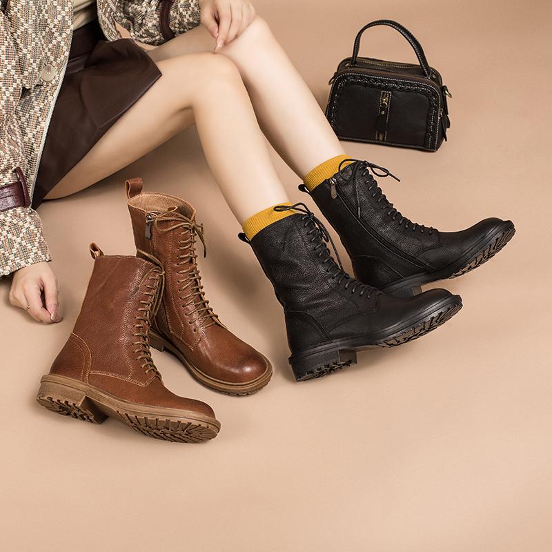 Full grain leather Combat Boots Designer Retro Chunky Buckle Boots Side Zip Brown/Black