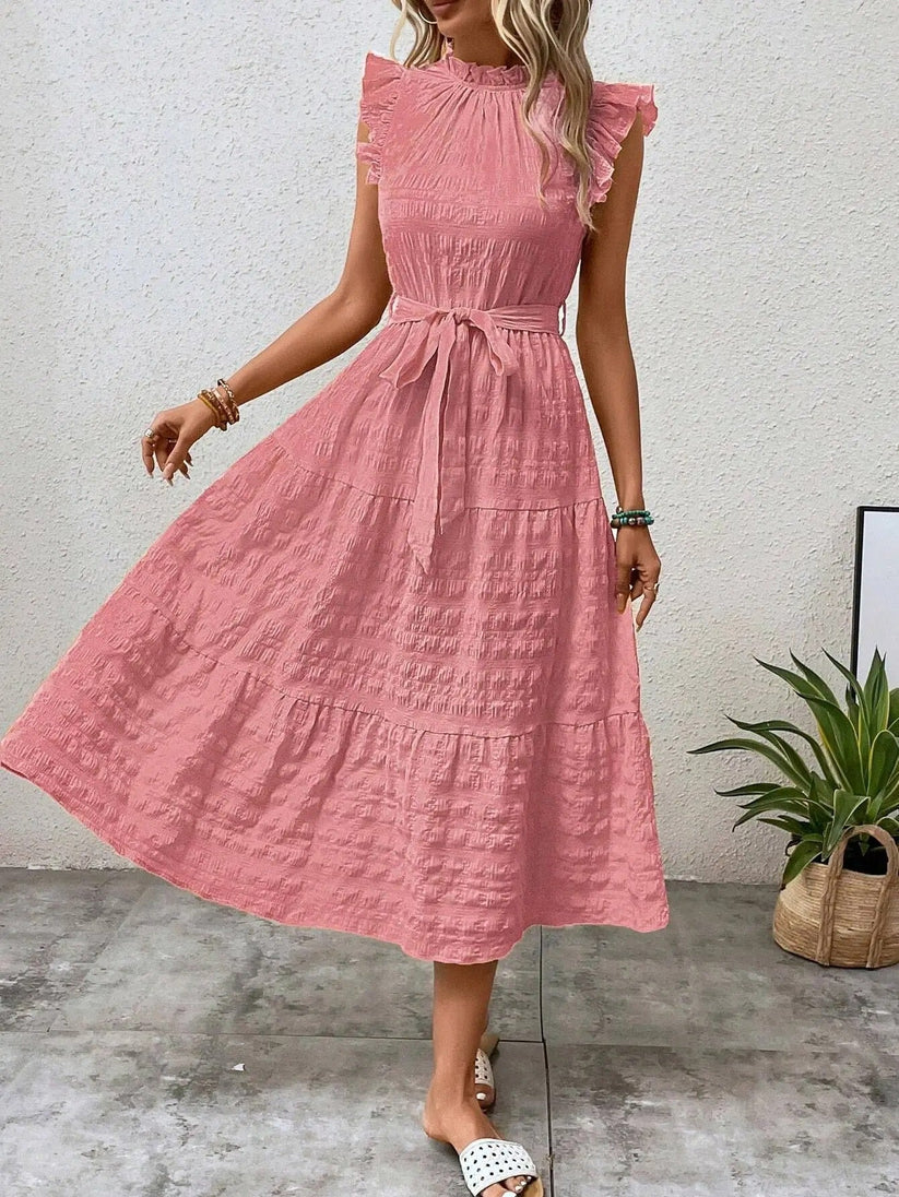 Crinkle Tie Waist Tiered Ruffle Collar Sleeveless Midi Summer Dress