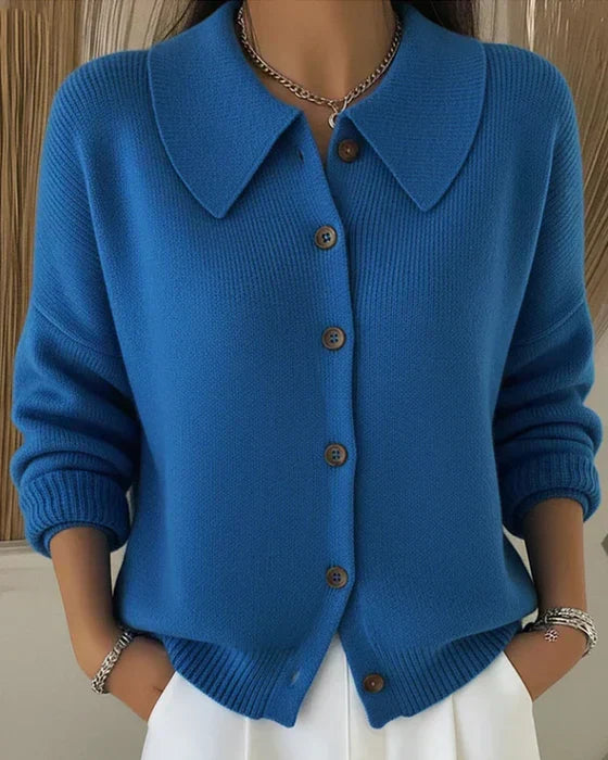 Collared Button Front Ribbed Knit Cardigan