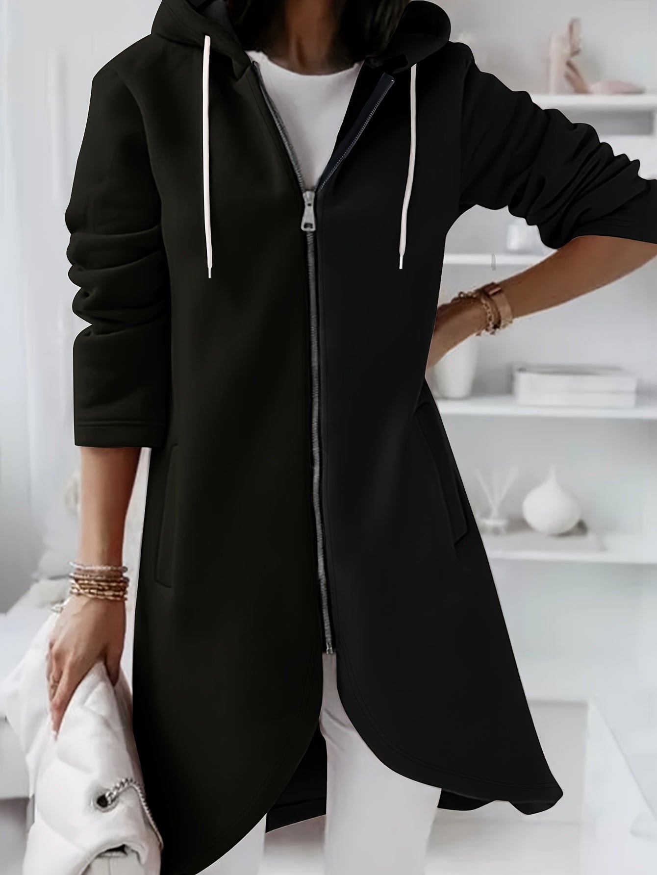 Solid Zipper Drawstring Midi Hooded Jacket