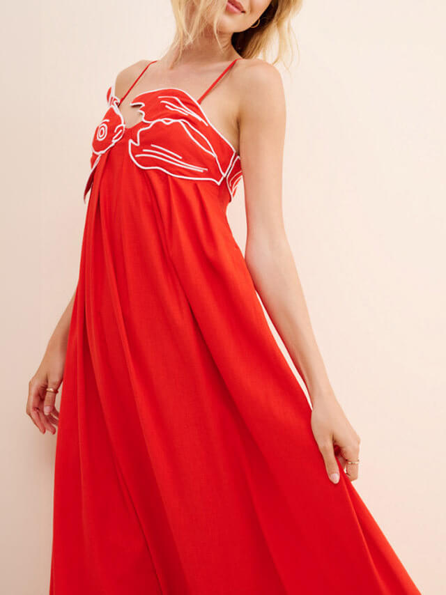 Fish Applique Bust Spaghetti Strap Empire Waist Pleated Maxi Dress 4