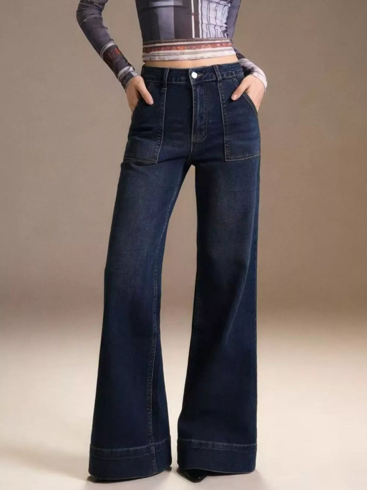 High Waist Patch Pocket Wide Cuff Hem Wide Leg Jeans 7