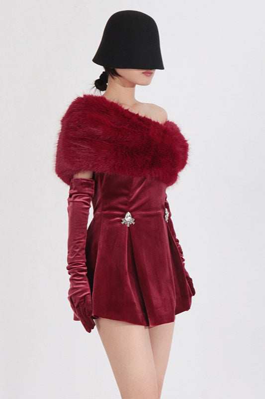 Velvet Off Shoulder Faux Fur Collar Rhinestone Pleated Mini Dress