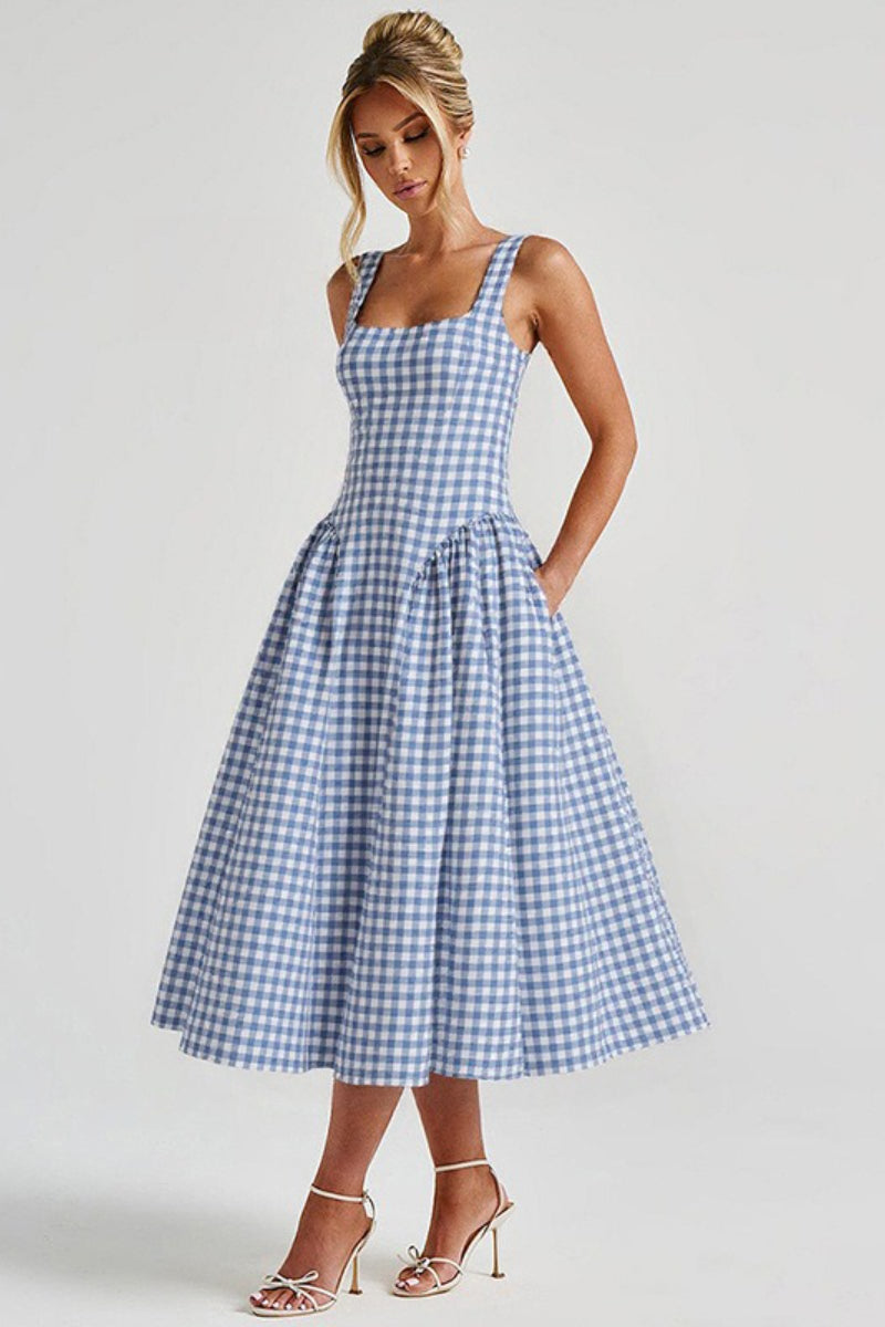 Plaid Square Neck Sleeveless Fit and Flare Midi Dress