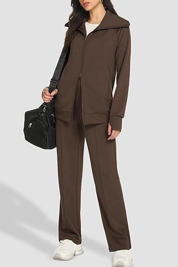 Wide Collar Zip Front Jacket and Drawstring Straight Leg Pants Two Piece Set 3