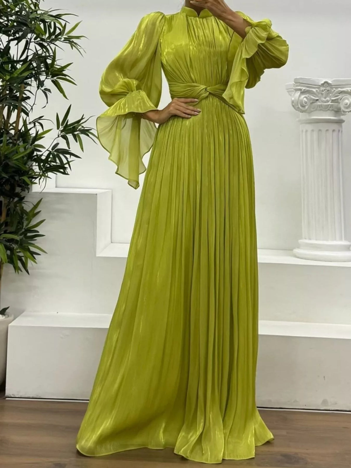 Pleated Satin Mock Neck Flared Bell Sleeve Twist Waist Maxi Gown 7