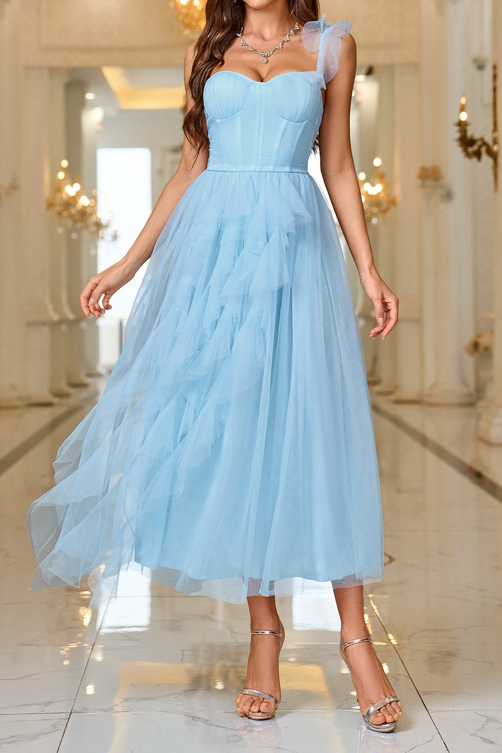 Corset Bustier One Shoulder Sweetheart Tulle Tiered Ruffle Cocktail Midi Dress
