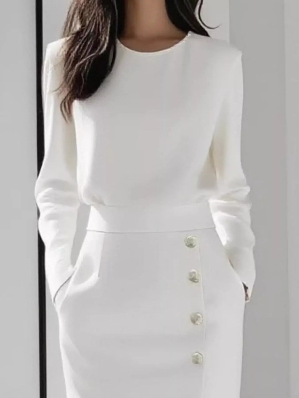 Round Neck Long Sleeve Button Detail Side Split Midi Dress 8