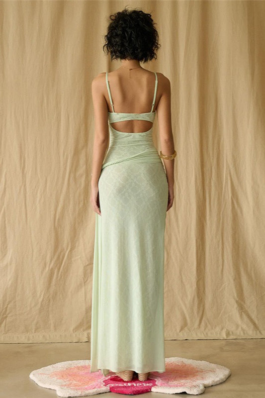 Lace Mesh 3D Floral Waist Cinched Cami Maxi Dress