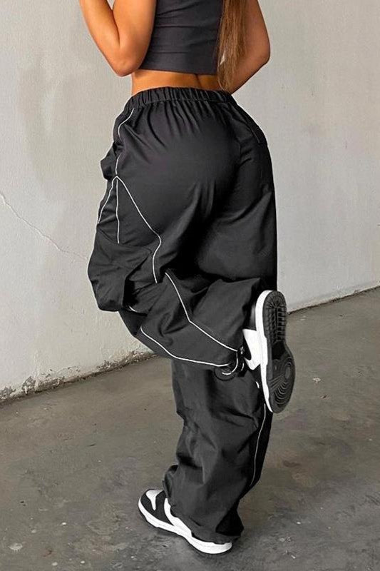 Contrast Piping Drawstring Waist Baggy Parachute Cargo Pants 4