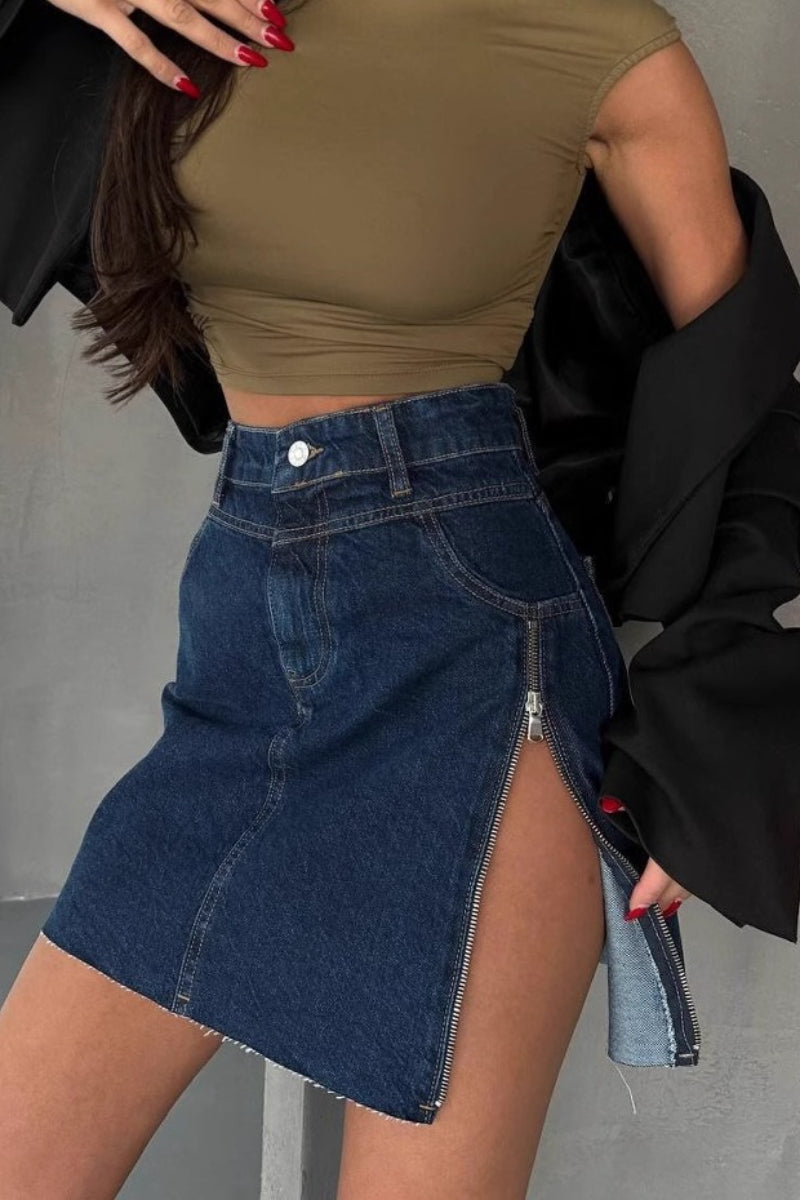 High-Waist Pleated Denim Mini Skort