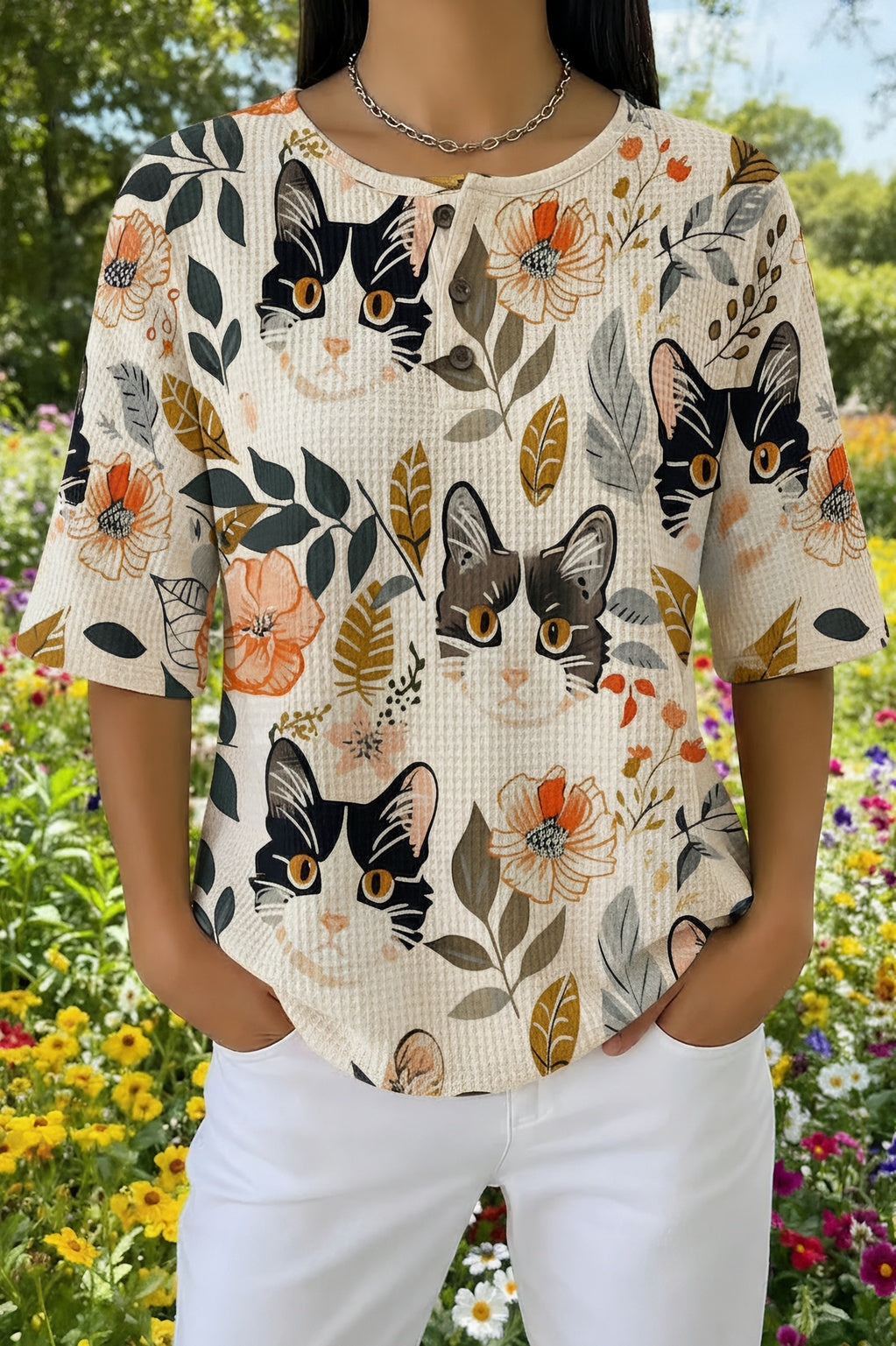 Womens Beige Leafy Multi-Cat Print Casual Shirt