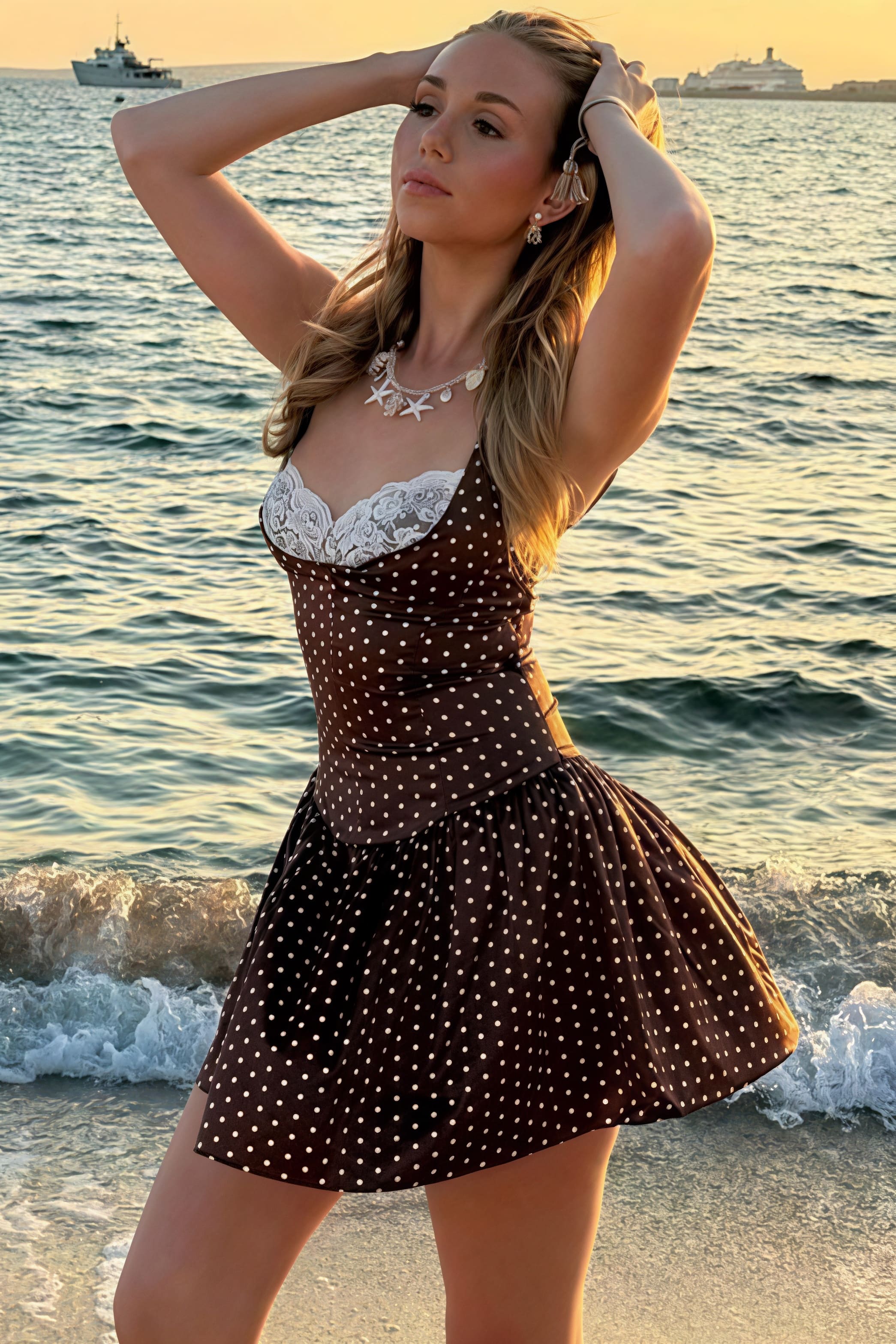 Lace Trim Patchwork Polka Dot Cami Mini Dress - View 5