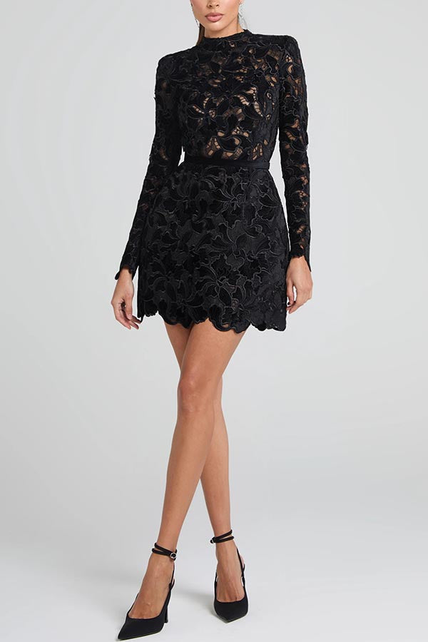 Floral Lace High Neck Long Sleeve Belted Mini Dress