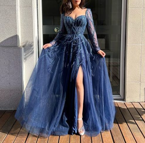 Luxurious Blue Slit Long Party Dress Evening Dress With Feathers cc1731